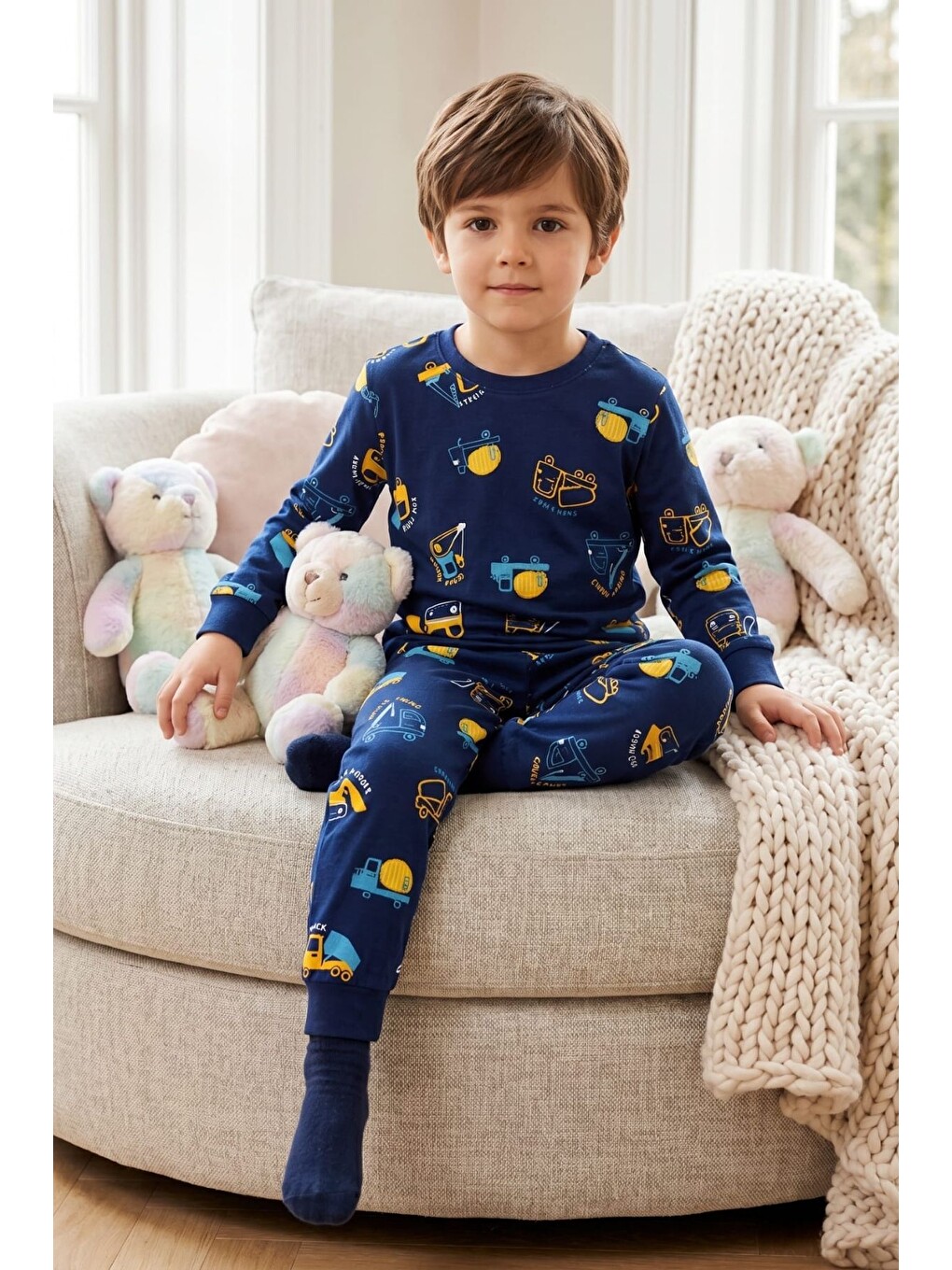 Lacivert Erkek Çocuk Pamuklu Desenli Pijama Takım Tkm1019