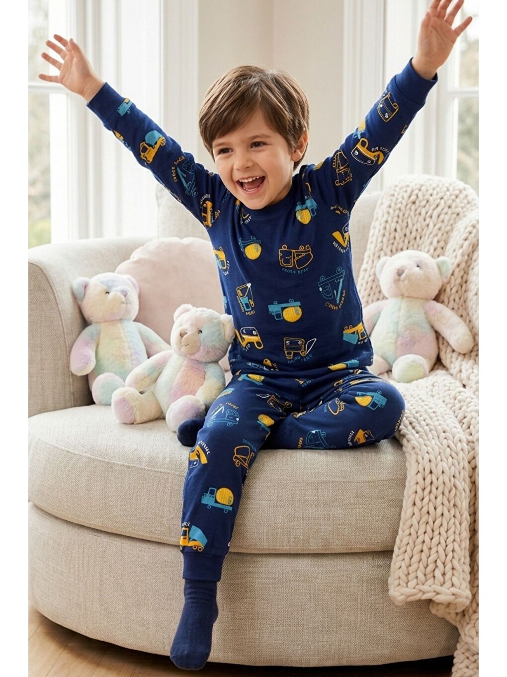 Lacivert Erkek Çocuk Pamuklu Desenli Pijama Takım Tkm1019-1