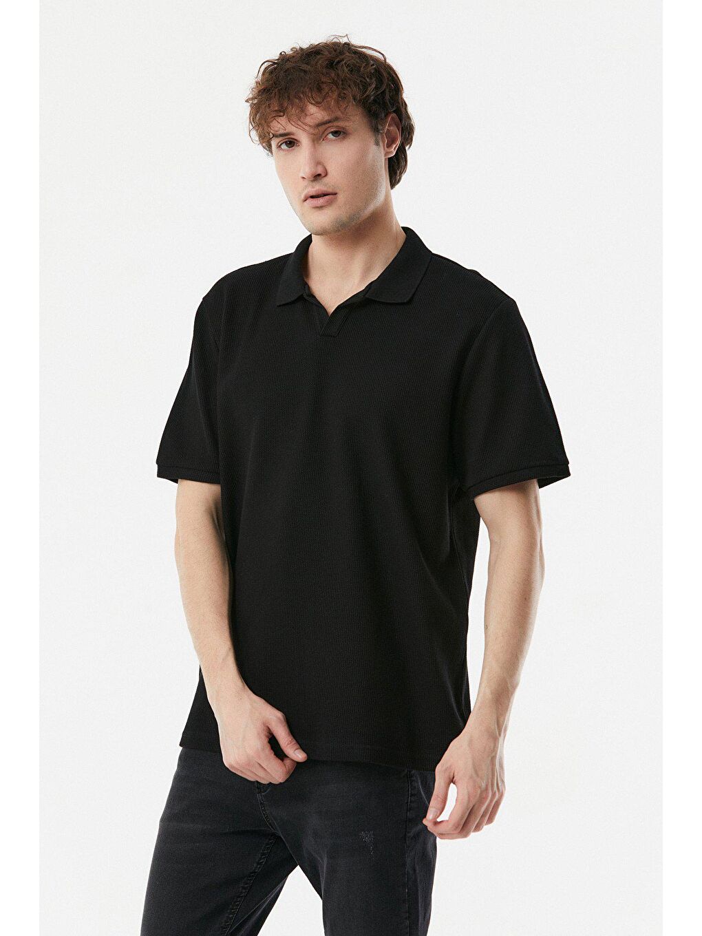 Siyah Waffle Polo Yaka Tişört