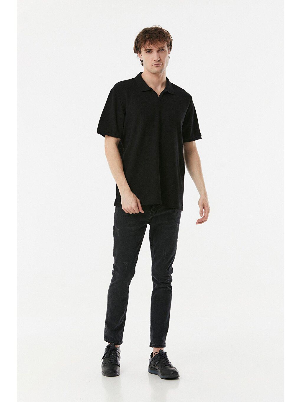 Siyah Waffle Polo Yaka Tişört-1