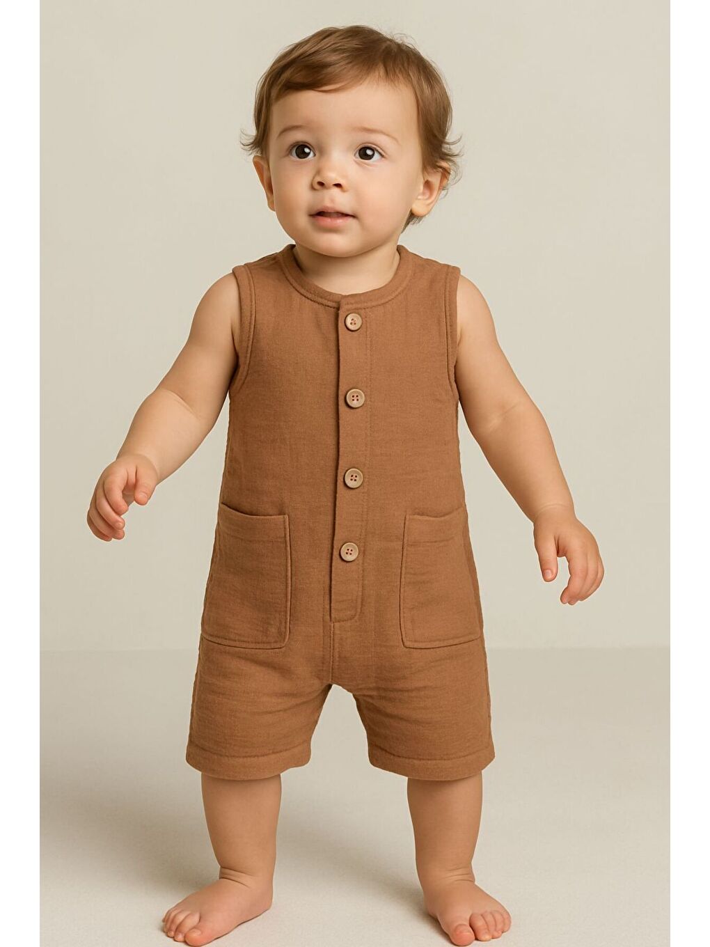 Kahverengi Kolsuz Müslin Organik Yazlık Cepli Naturel Bebek Tulum