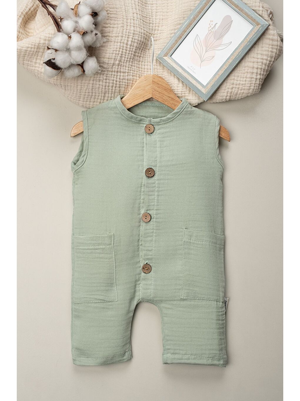 Yeşil Kolsuz Müslin Organik Yazlık Cepli Naturel Bebek Tulum-1