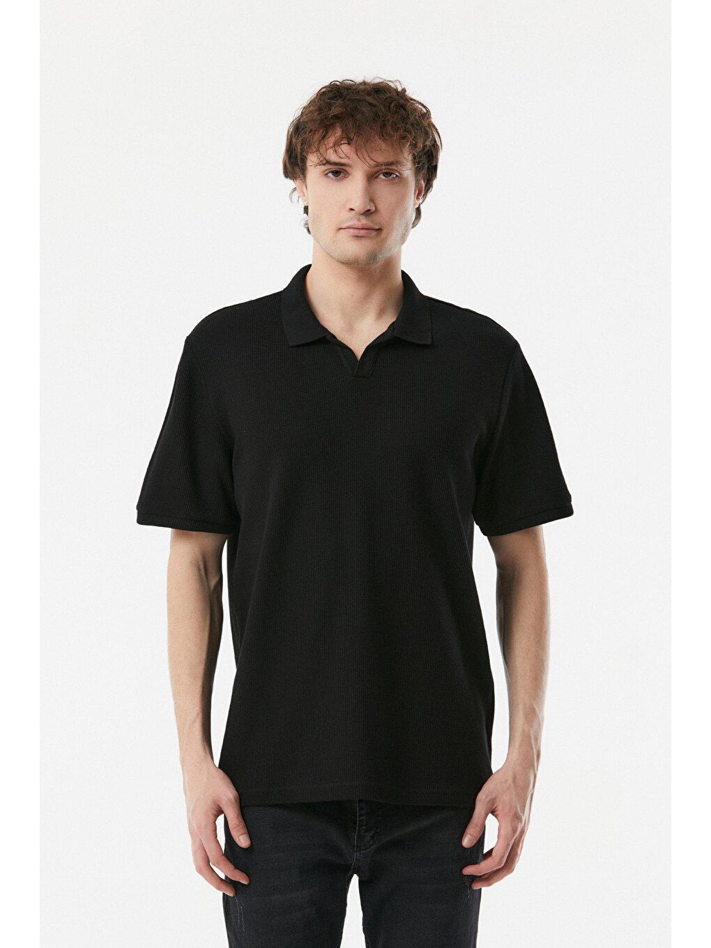 Siyah Waffle Polo Yaka Tişört-4