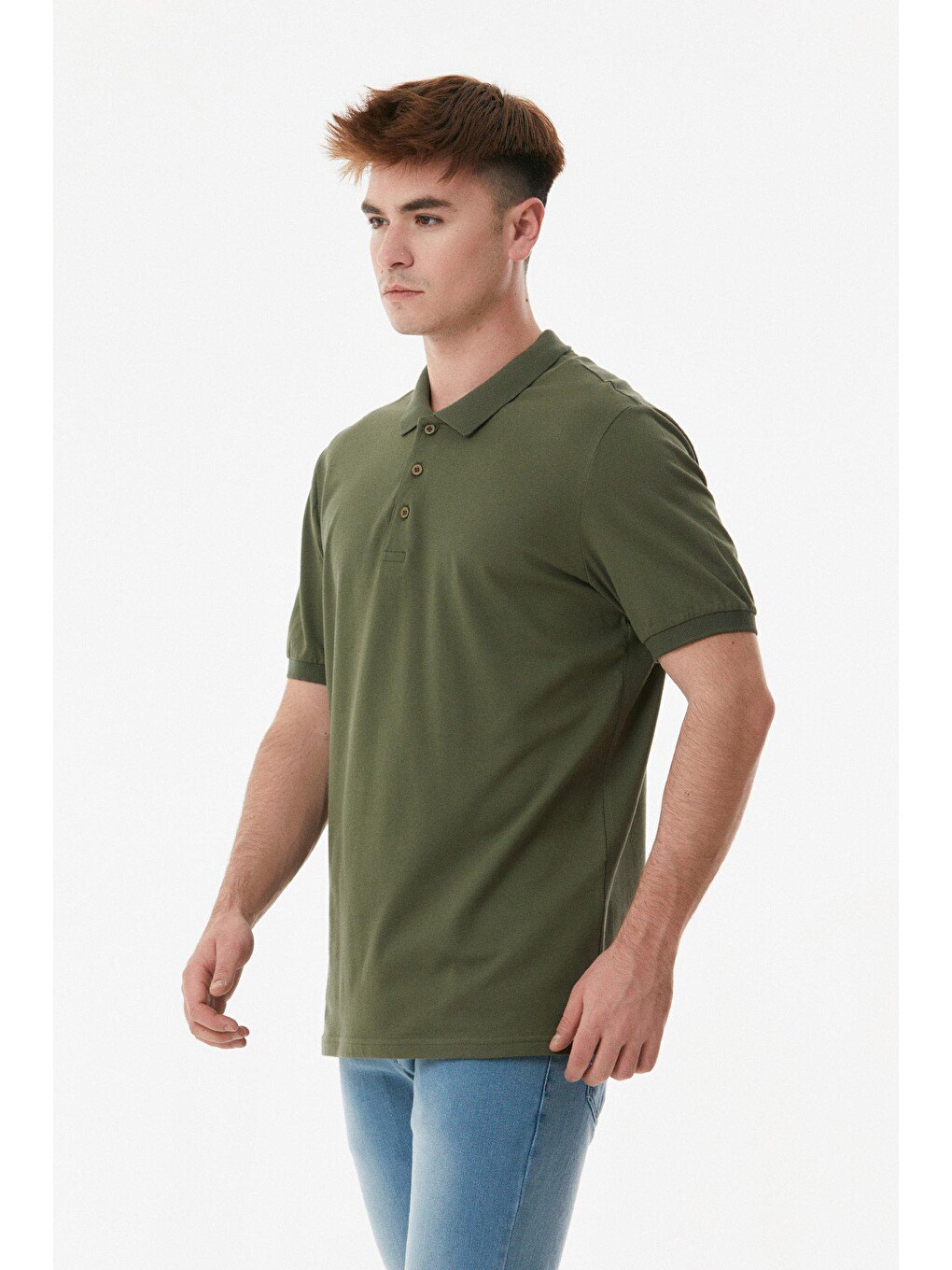 Haki Polo Yaka Düğmeli Tişört-1