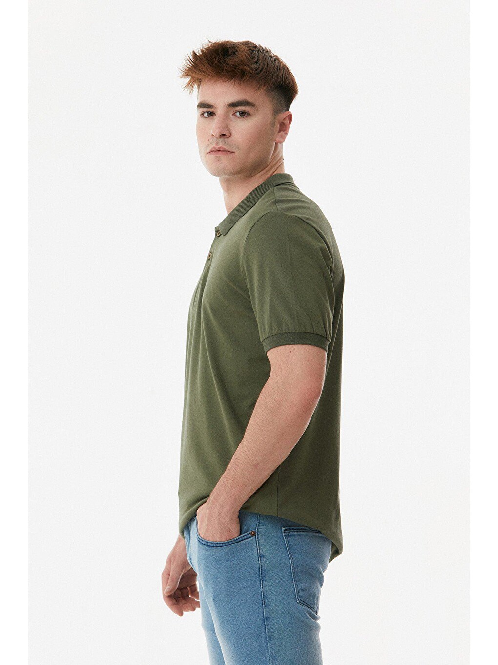 Haki Polo Yaka Düğmeli Tişört-4