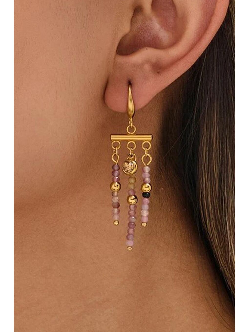 Sarı Ametist Doğaltaşlı Altın Kaplama Kadın Küpe-1