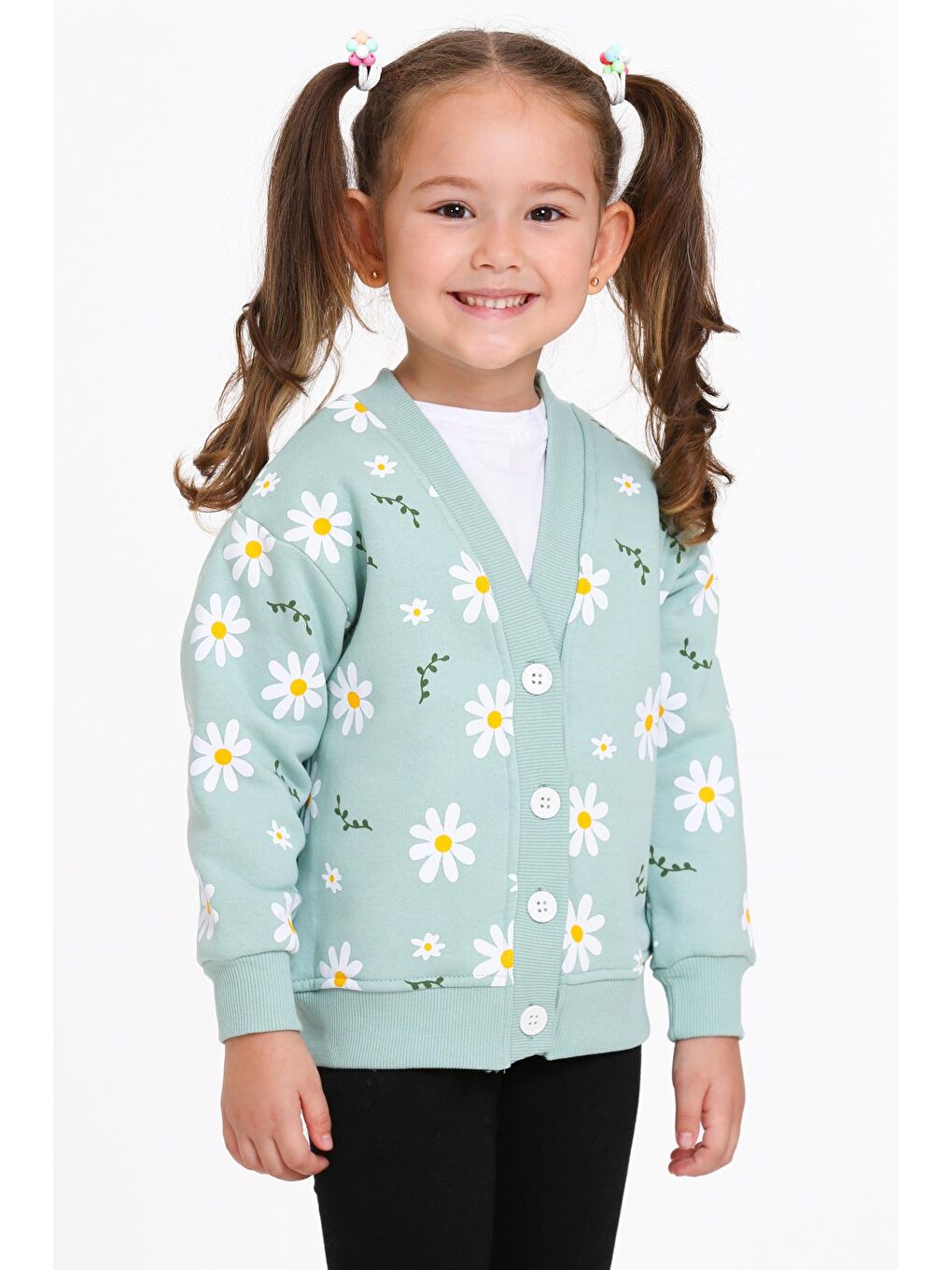 Turkuaz Kız Çocuk Mint Yeşili Papatya Baskı 1-5 Yaş Hırka - 23206-1