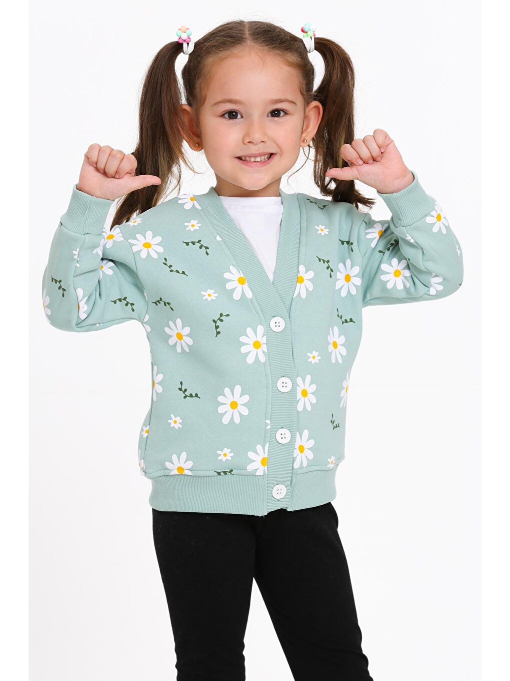 Turkuaz Kız Çocuk Mint Yeşili Papatya Baskı 1-5 Yaş Hırka - 23206-1-1