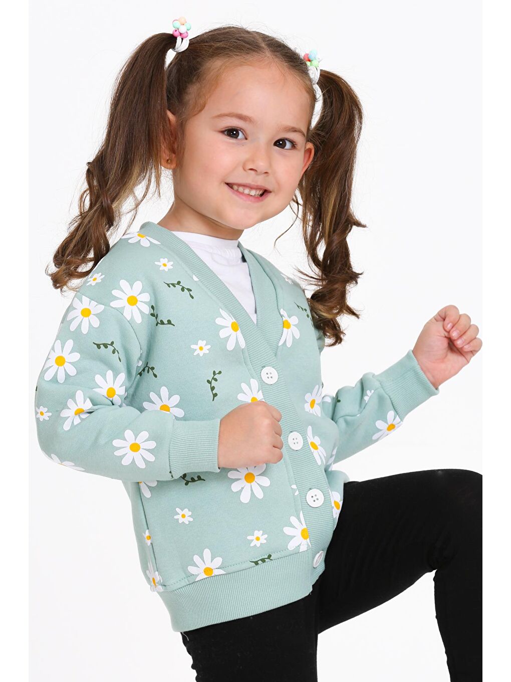 Turkuaz Kız Çocuk Mint Yeşili Papatya Baskı 1-5 Yaş Hırka - 23206-1-2
