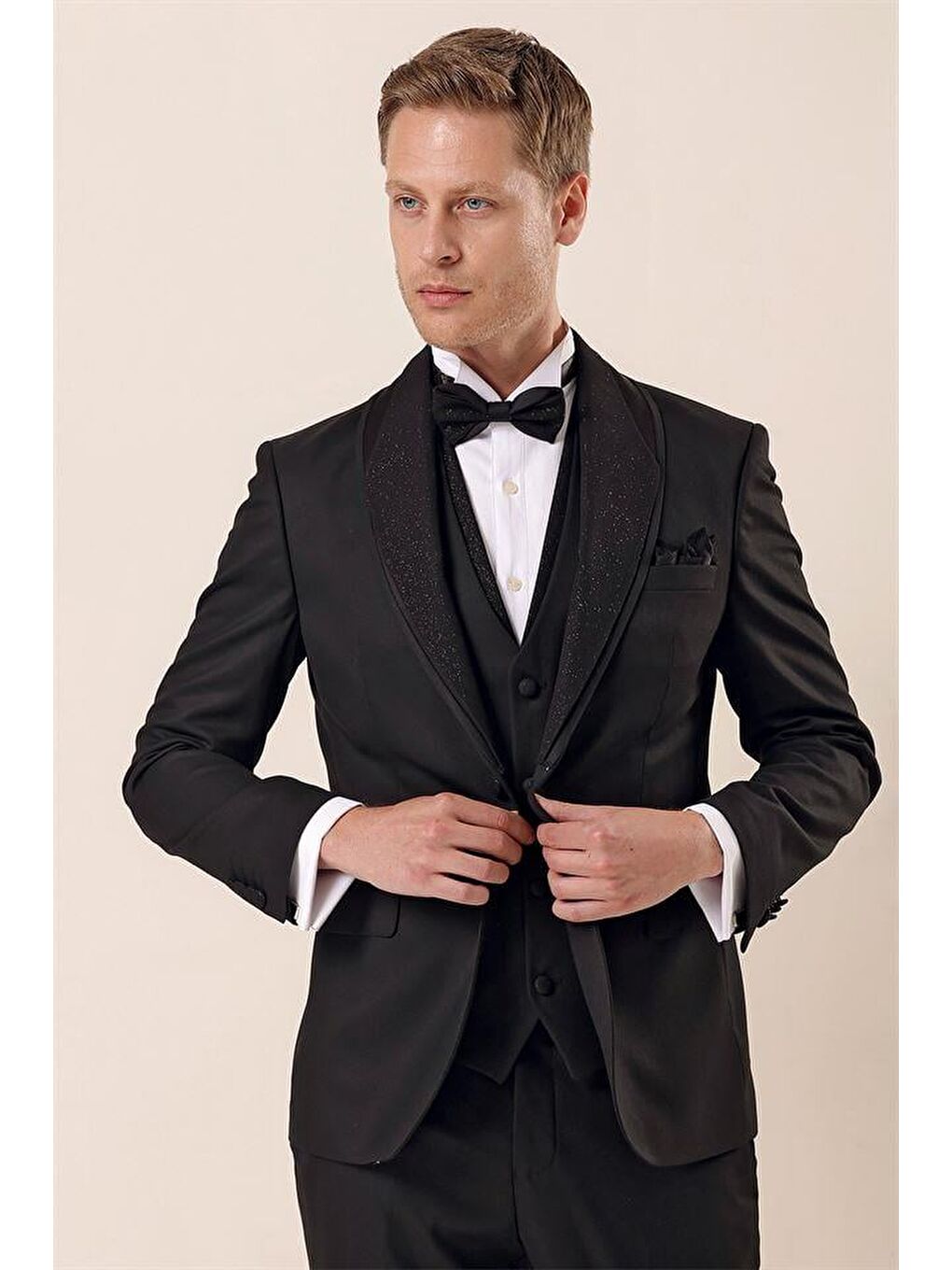 İMZA Siyah Çıkarılabilir Şal Yaka Yelekli 6 Drop Slim Fit Smokin Damatlık Takım 1001230204