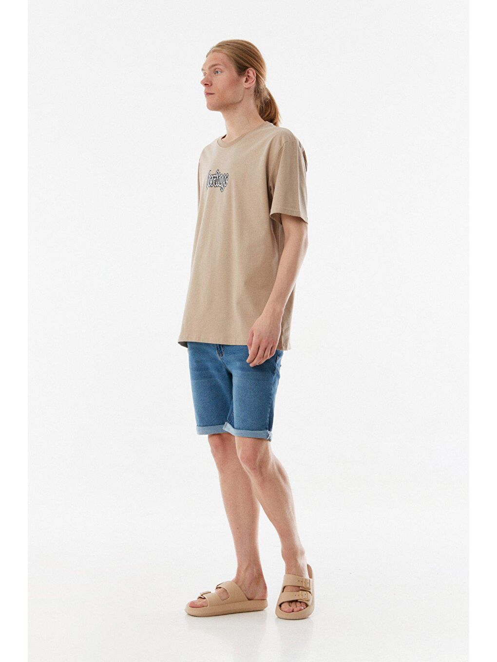 Bej Baskılı Bisiklet Yaka Oversize Tişört-2