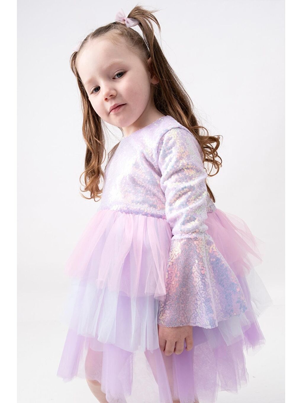Karışık Lila Simli Pul Payetli Ve Kat Kat Tüllü Kız Çocuk Prenses Elbise-1