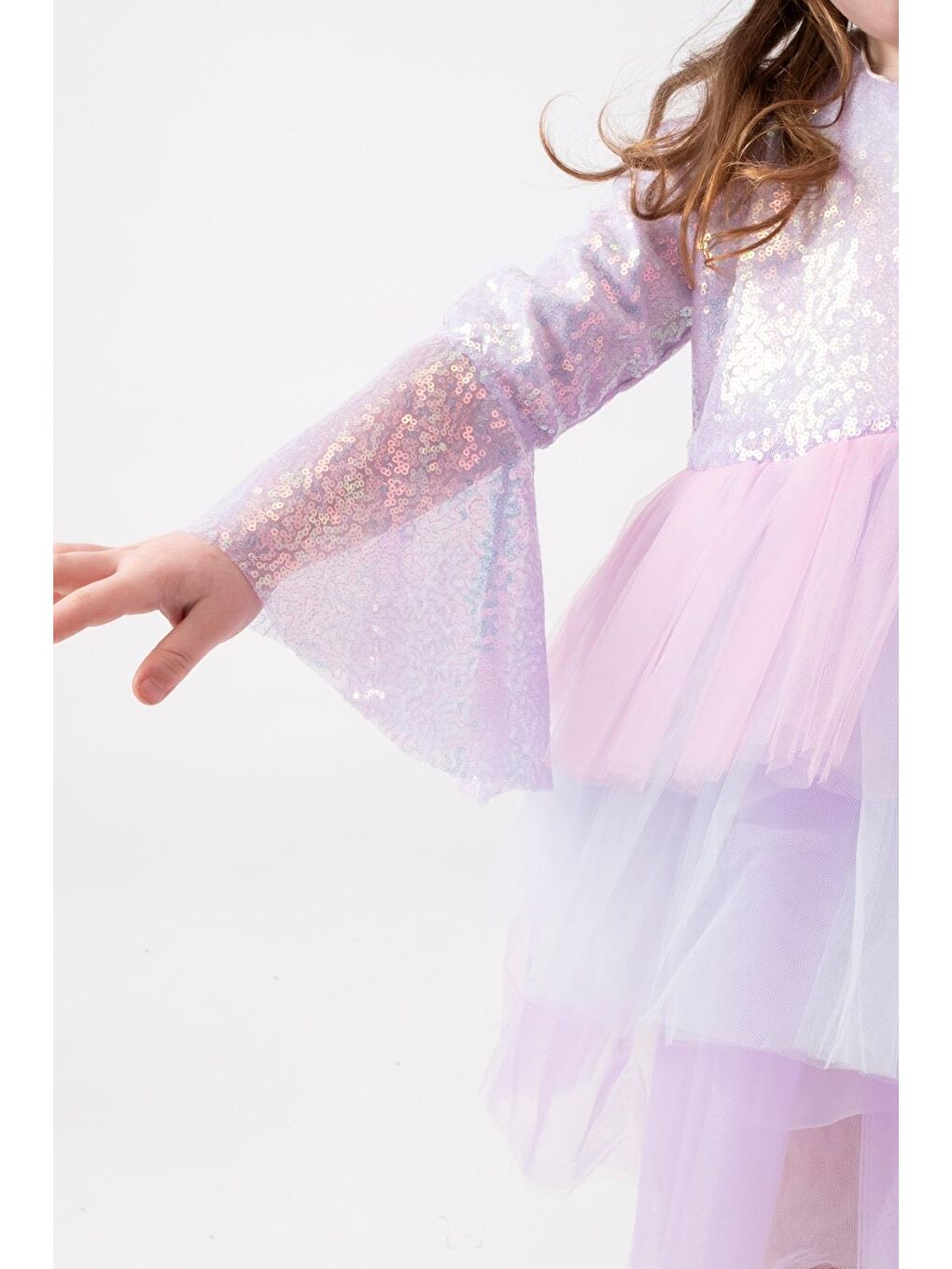 Karışık Lila Simli Pul Payetli Ve Kat Kat Tüllü Kız Çocuk Prenses Elbise-2