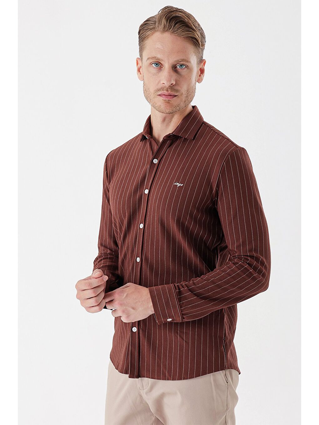 Kahverengi Kiremit Uzun Kollu Çizgili Örme Cepsiz Casual Slim Fit Dar Kesim Gömlek 1004235114