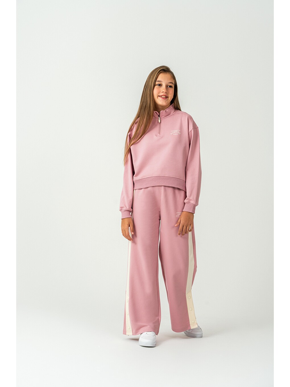 Pembe Üst Ön Yarım Fermuarlı Streetwise Style Boston Baskılı Yanlar Garnili Kız Çocuk Eşofman Takımı-1
