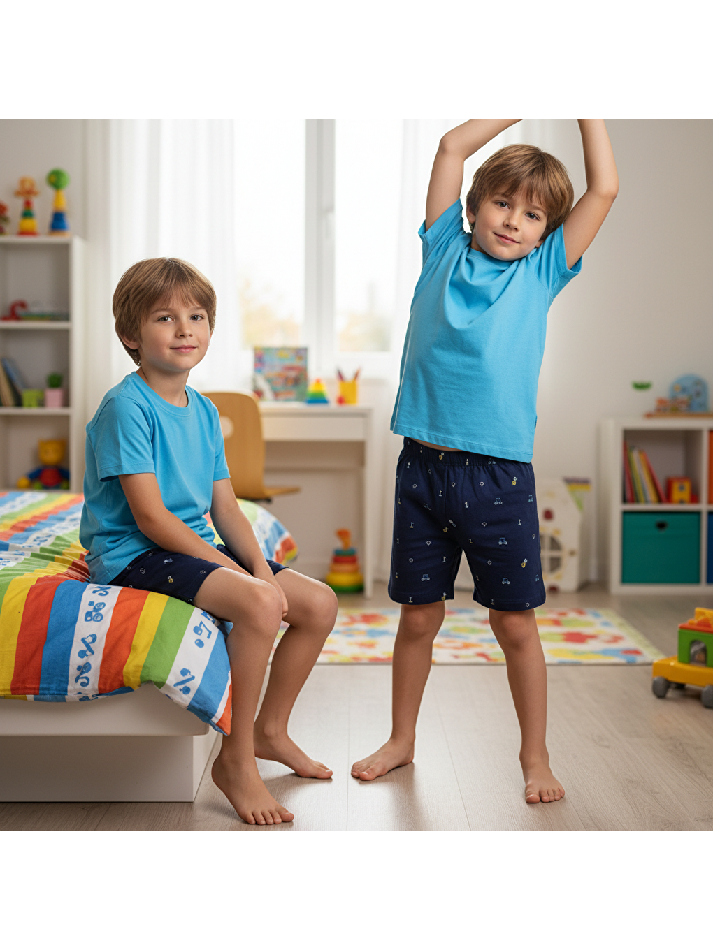 Erkek Çocuk Lacivert Mavi Renk Baskılı Şortlu Takım Bb2132-1