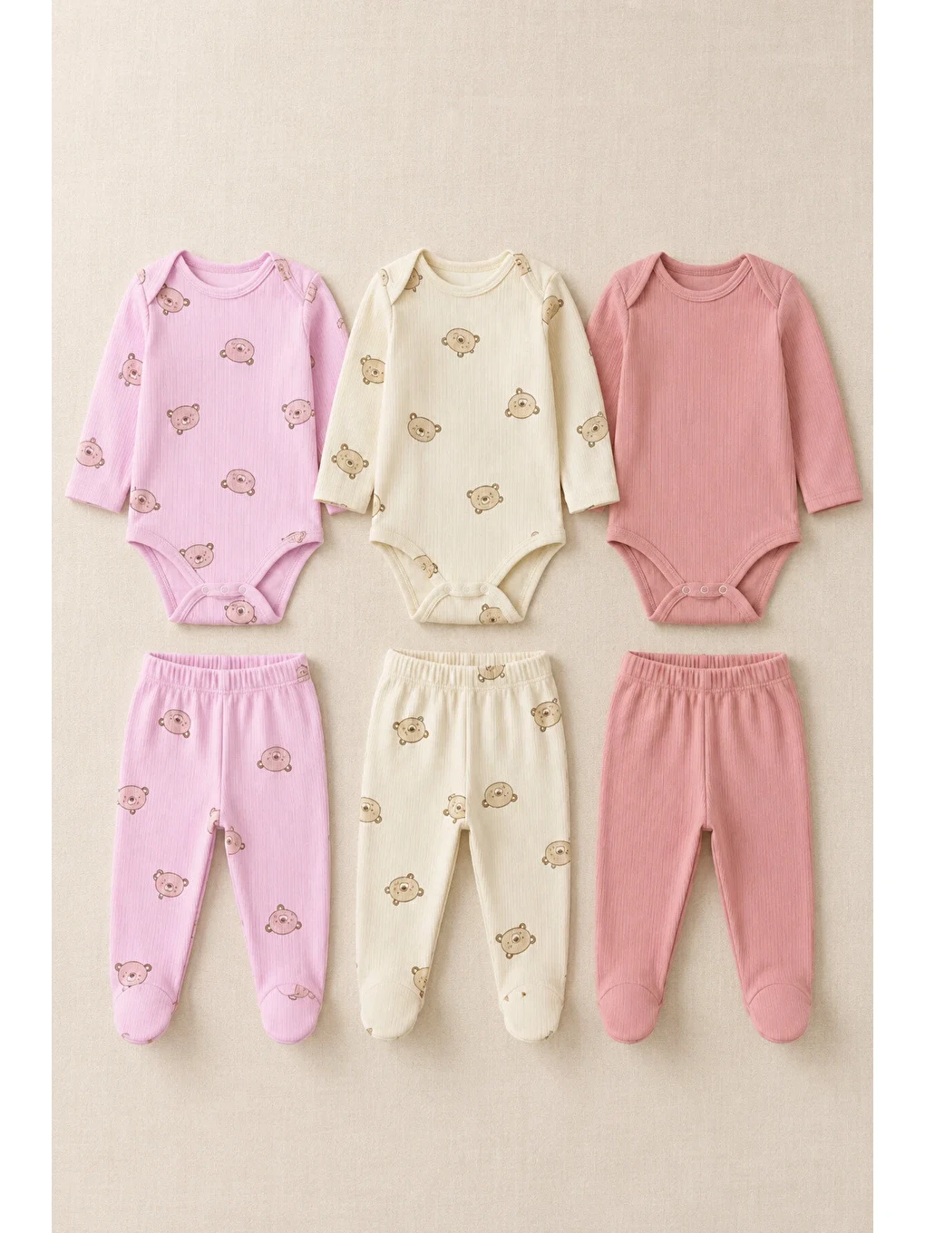 Pembe Kız Bebek Ayıcık Desenli 6 Parça 3 Set Fitilli Body Patikli Alt Takım 0-9 Ay