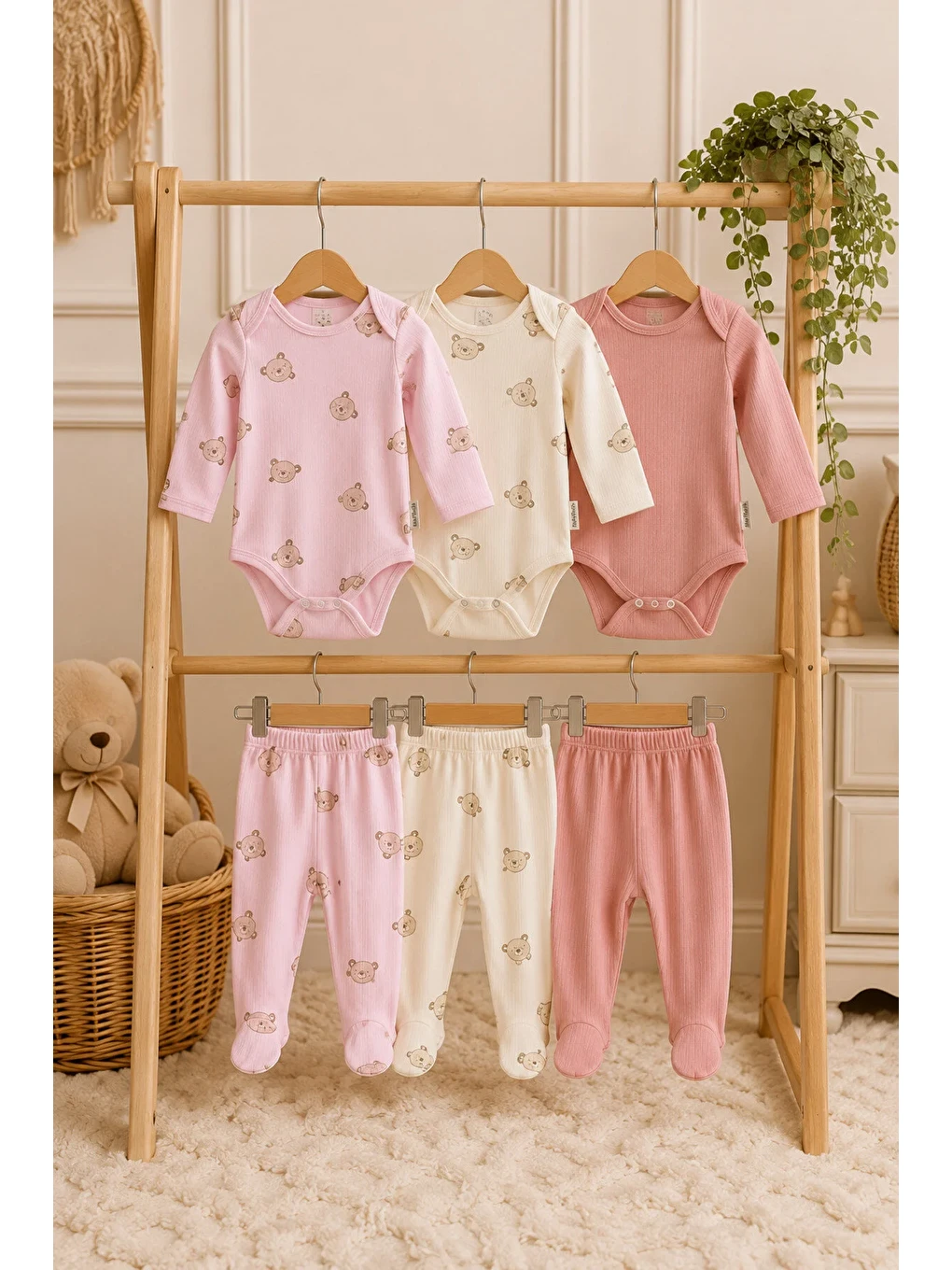 Pembe Kız Bebek Ayıcık Desenli 6 Parça 3 Set Fitilli Body Patikli Alt Takım 0-9 Ay-1