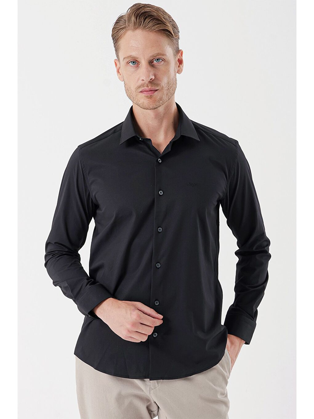 Siyah Uzun Kollu Desenli Armürlü Sert Yaka Cepsiz Klasik Slim Fit Dar Kesim Gömlek 1004235107-1