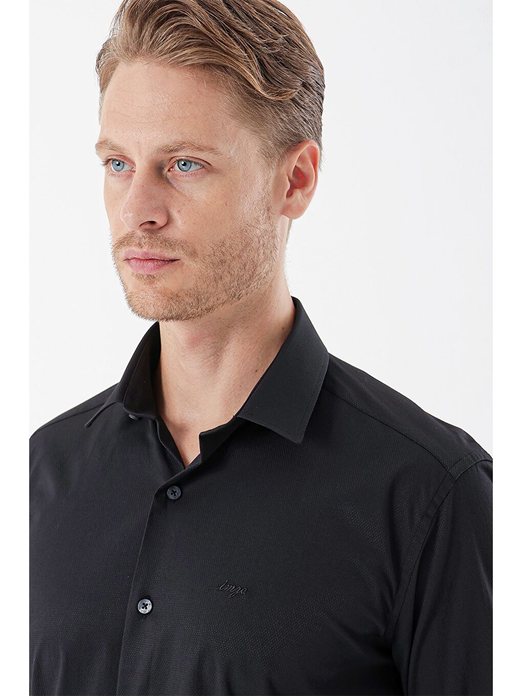 Siyah Uzun Kollu Desenli Armürlü Sert Yaka Cepsiz Klasik Slim Fit Dar Kesim Gömlek 1004235107-4