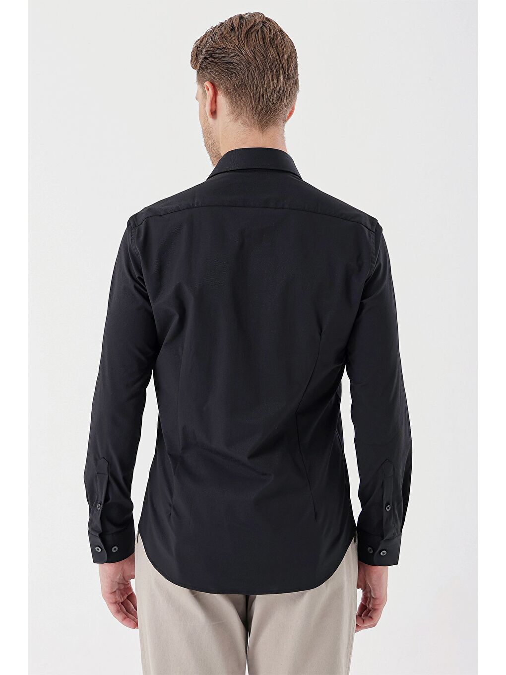 Siyah Uzun Kollu Desenli Armürlü Sert Yaka Cepsiz Klasik Slim Fit Dar Kesim Gömlek 1004235107-5