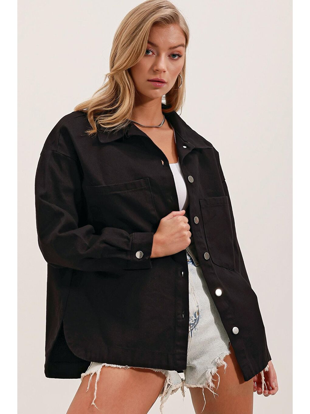 20192 Oversize Gabardin Gömlek Ceket - Siyah