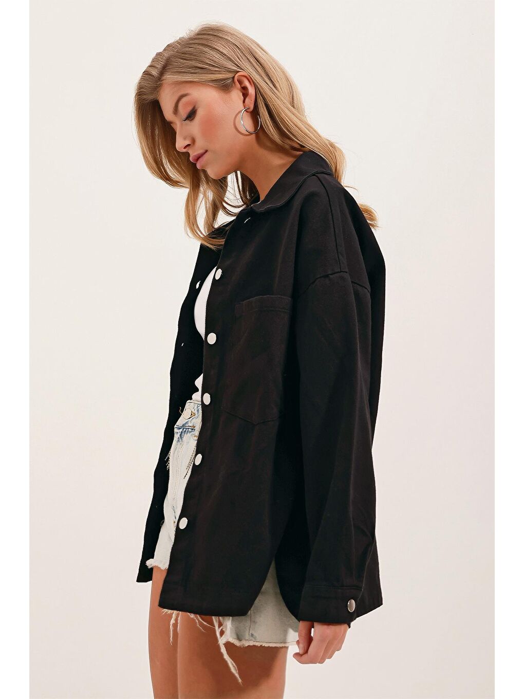 20192 Oversize Gabardin Gömlek Ceket - Siyah-1