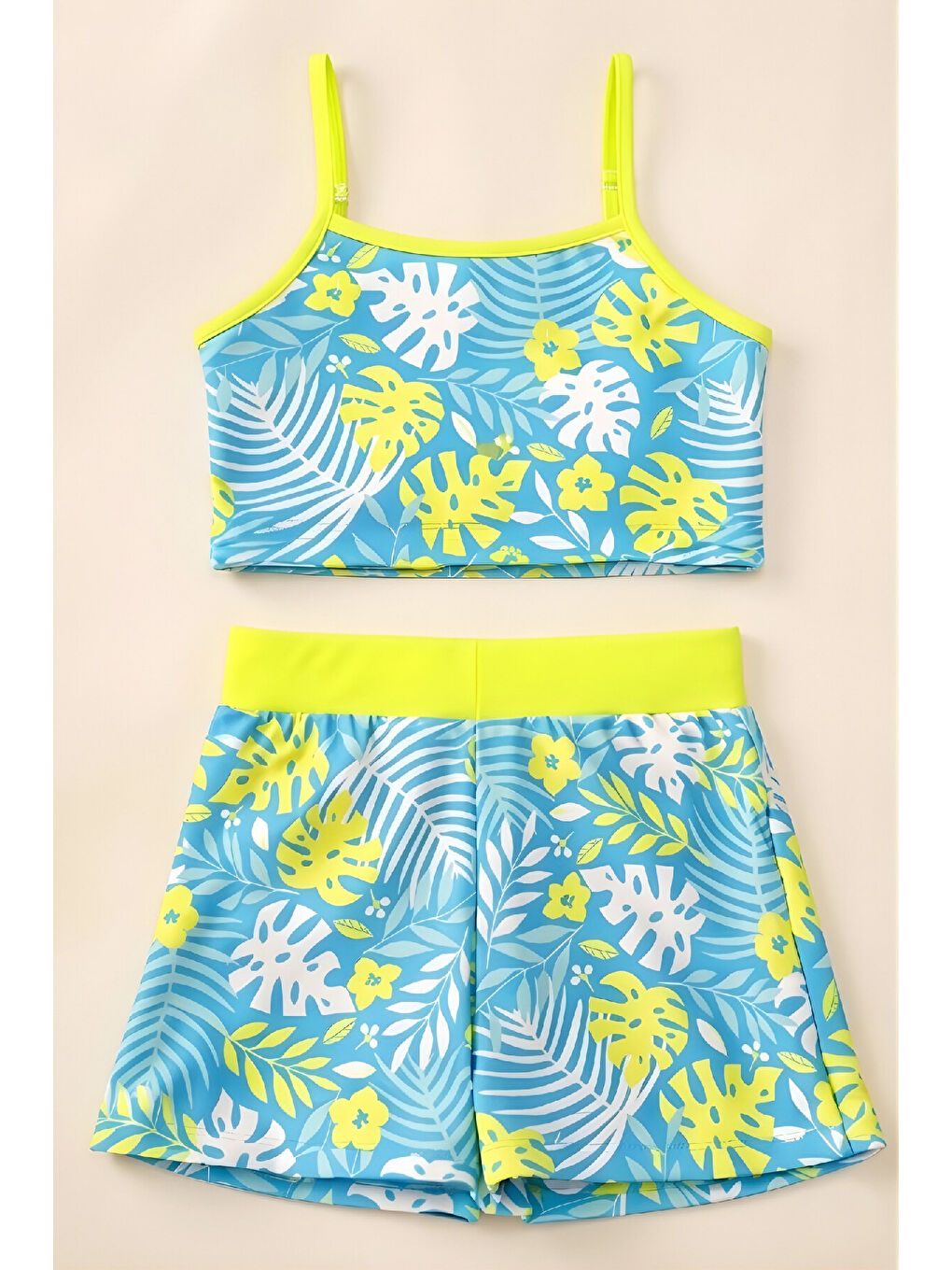 Sarı Kız Çocuk Ayarlanabilir Askılı Kollu Bikini ve Şortlu Mayo Takımı 2-7 Yaş 12604B-1