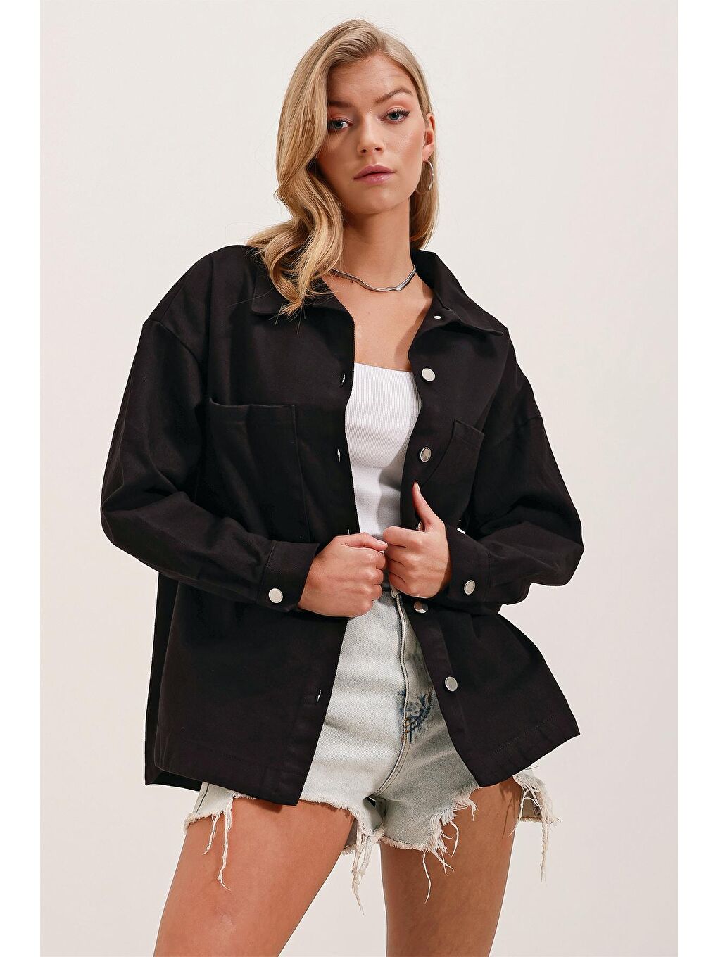 20192 Oversize Gabardin Gömlek Ceket - Siyah-3