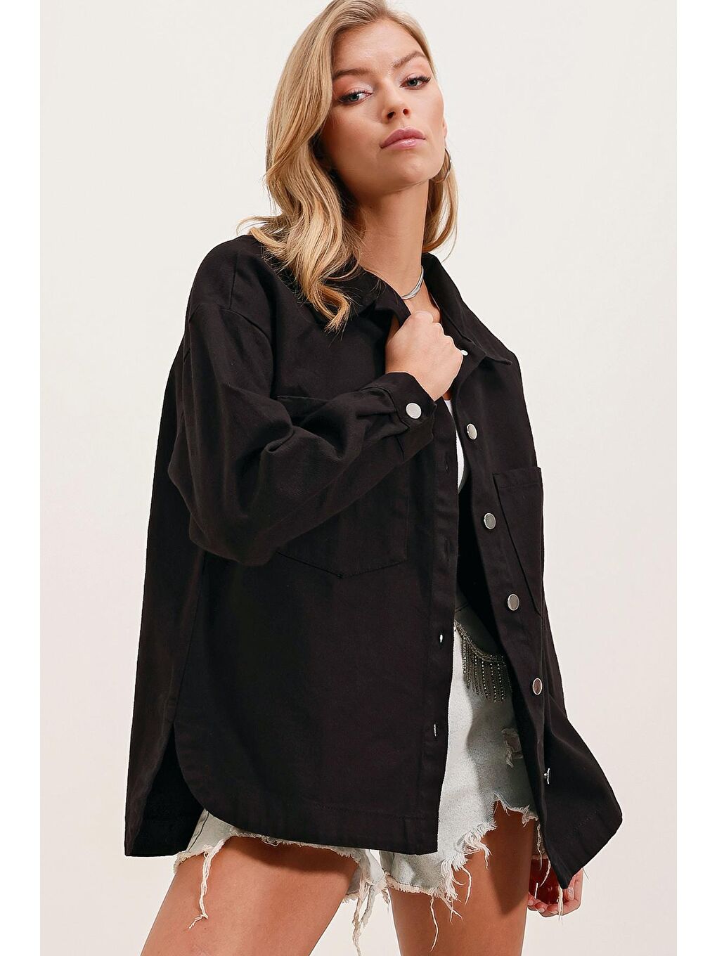 20192 Oversize Gabardin Gömlek Ceket - Siyah-4