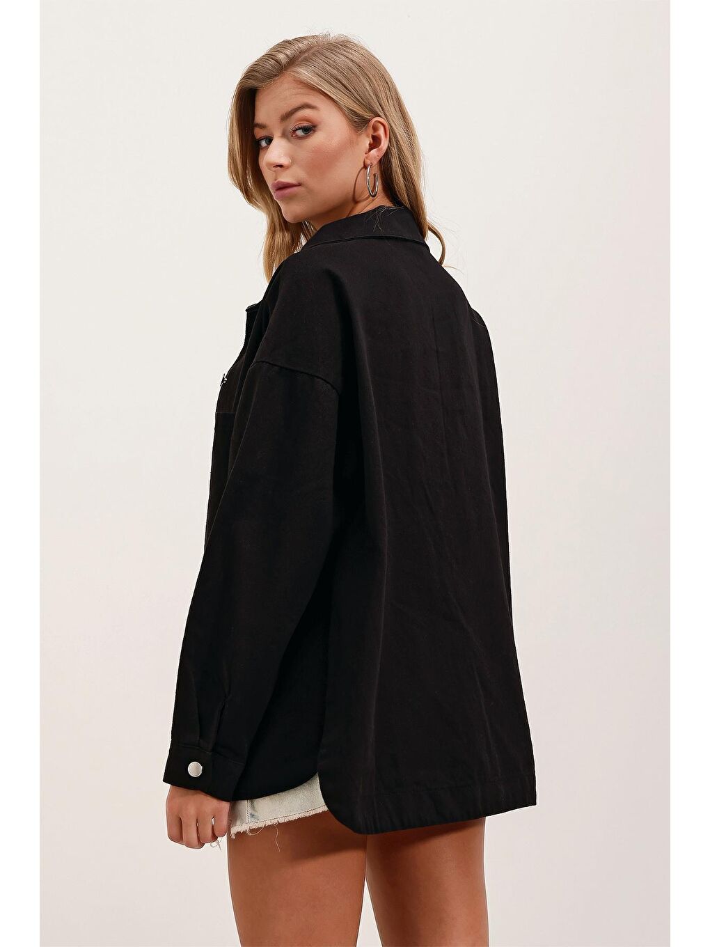 20192 Oversize Gabardin Gömlek Ceket - Siyah-5