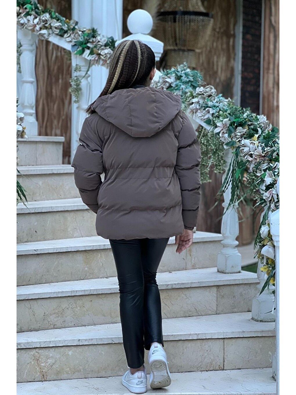 Kahverengi Kız Çocuk Nova Kumaş Kapüşonlu Cepli Beli Lastikli Büzgülü Su Geçirmez Kışlık Mont Km4013-2