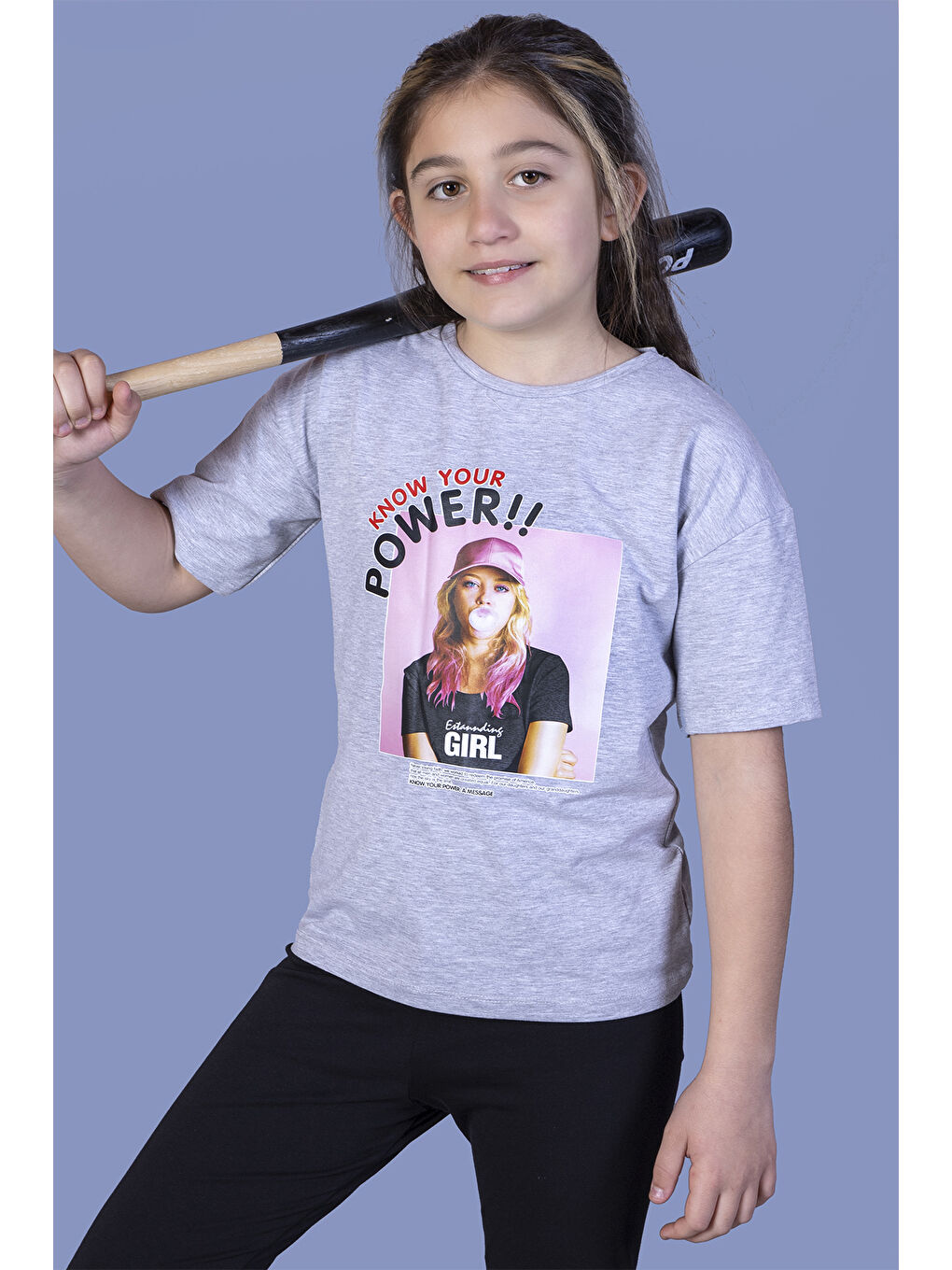 Gri Kız Çocuk Power Baskılı Tişört
