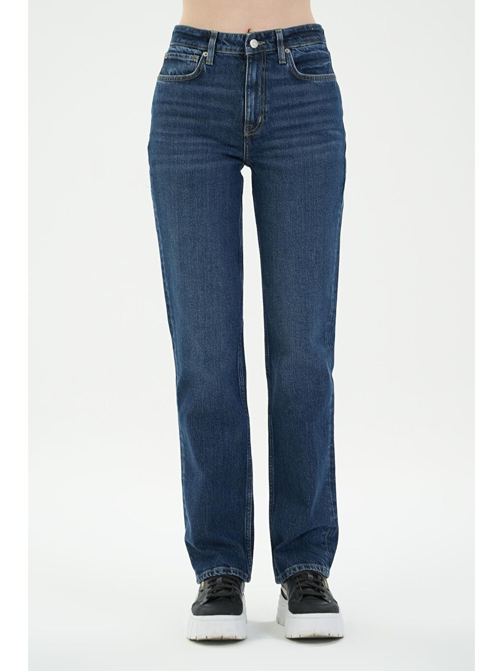 Koyu Mavi Yüksek Bel Patı Fermuarlı Dad Fit Jean Pantolon C 4517-103-1