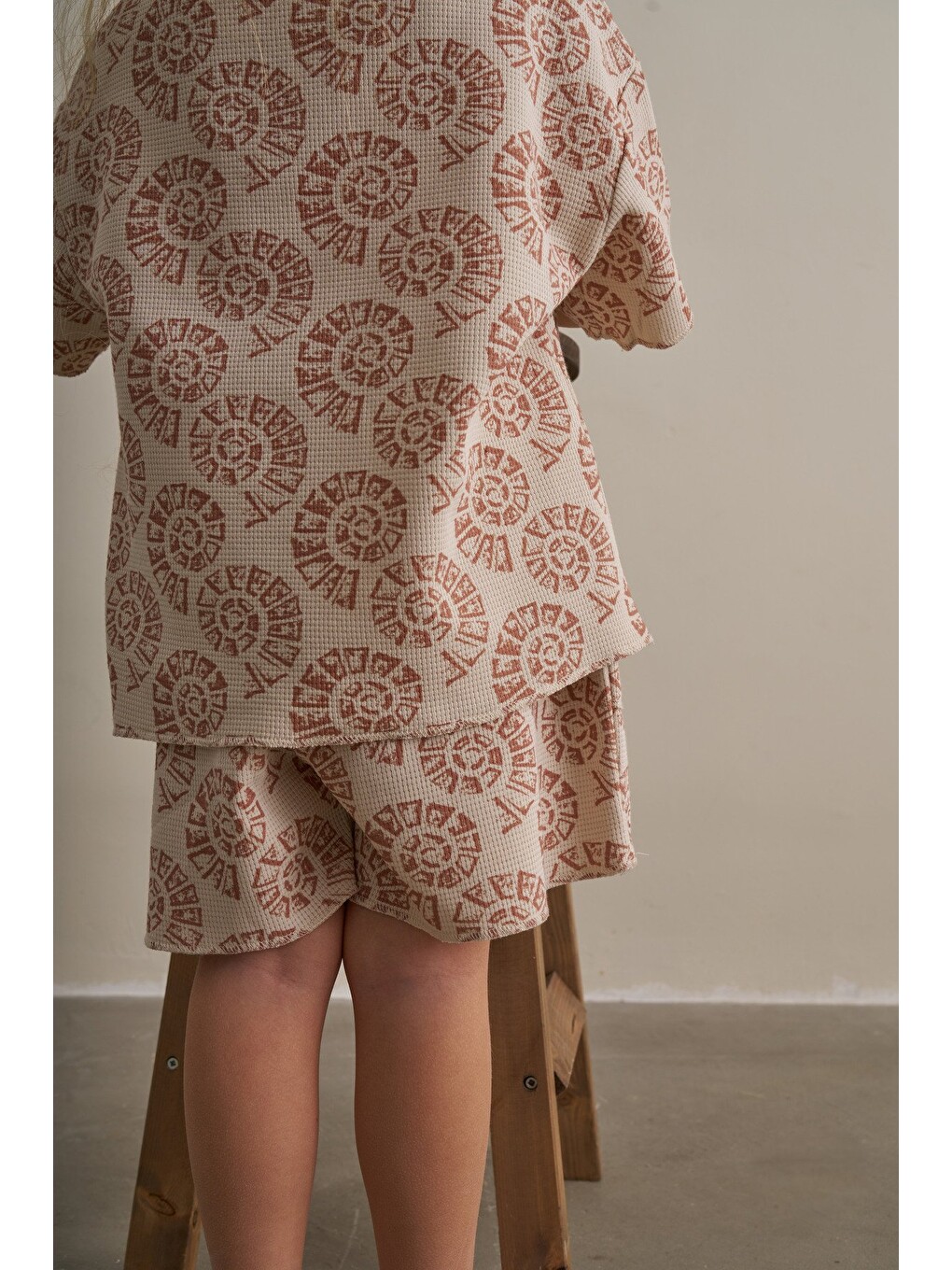 Bej Boho Bloom Serisi Waffle Şortlu Takım-3