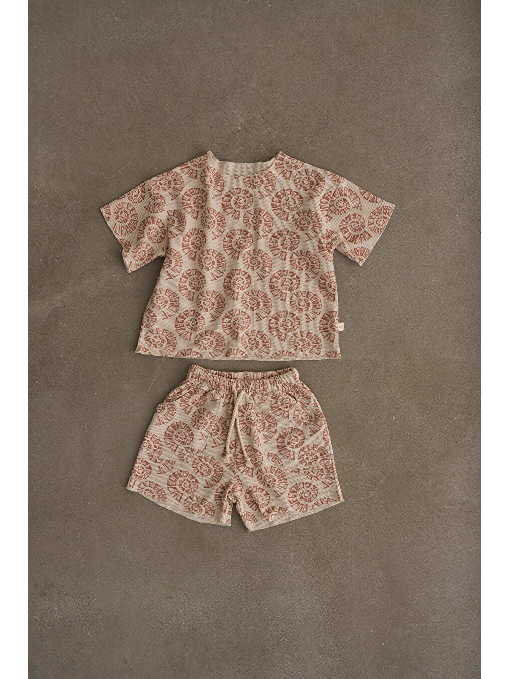 Bej Boho Bloom Serisi Waffle Şortlu Takım-5