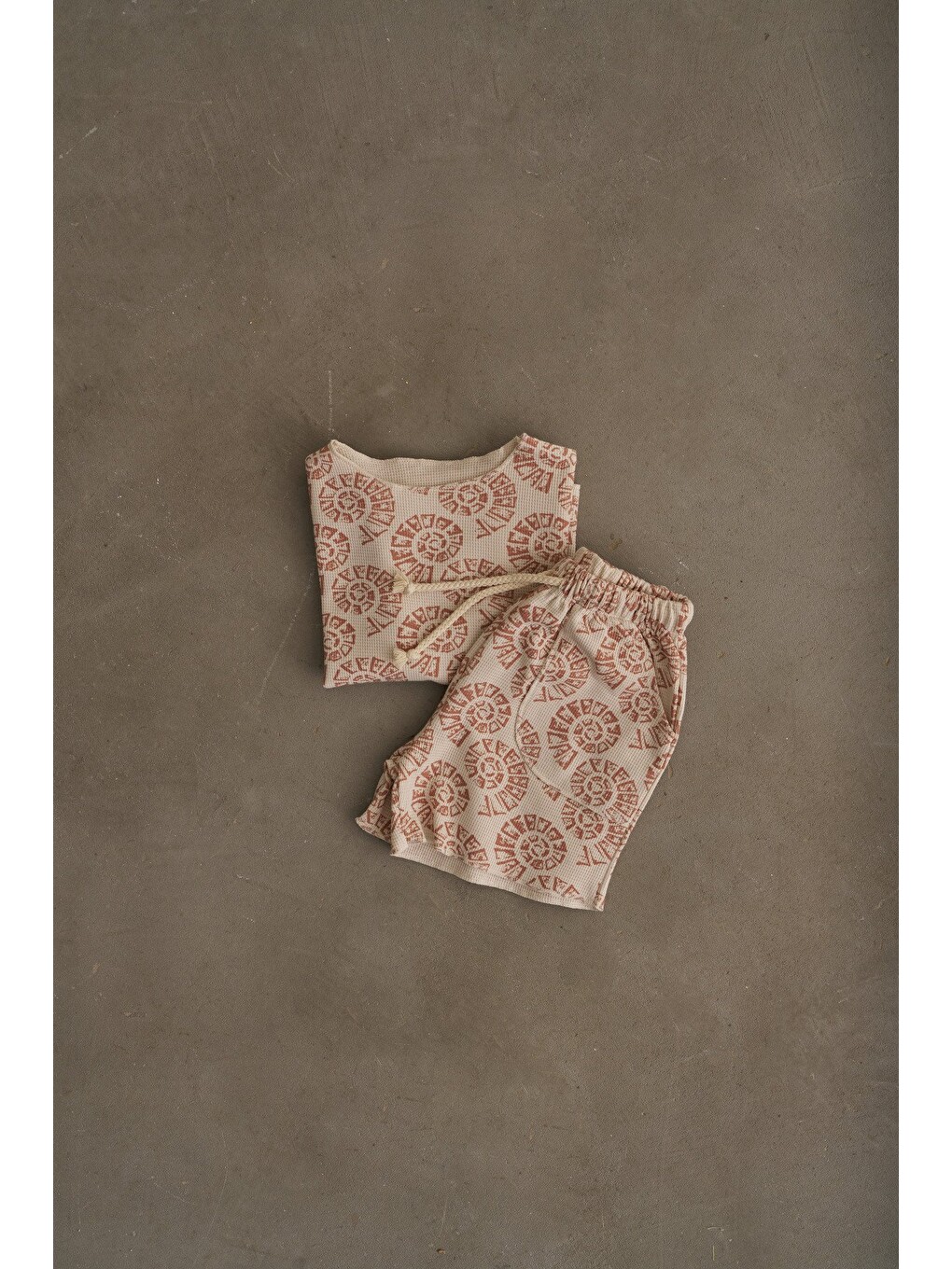 Bej Boho Bloom Serisi Waffle Şortlu Takım-6