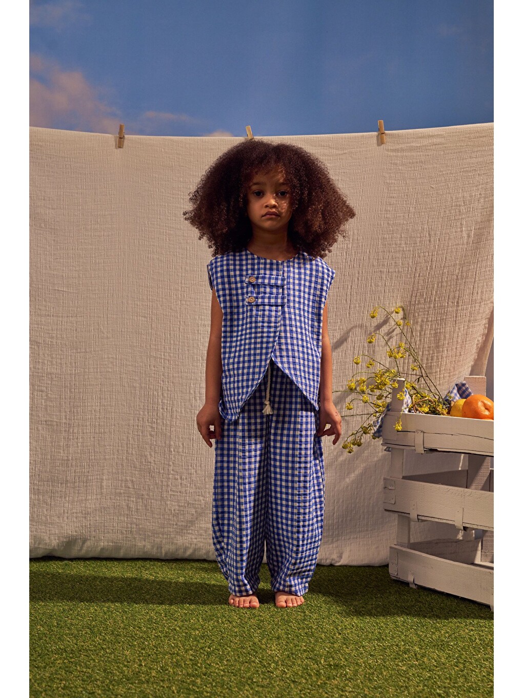 Mavi Daisy Picnic Serisi Asimetrik Yelekli Takım