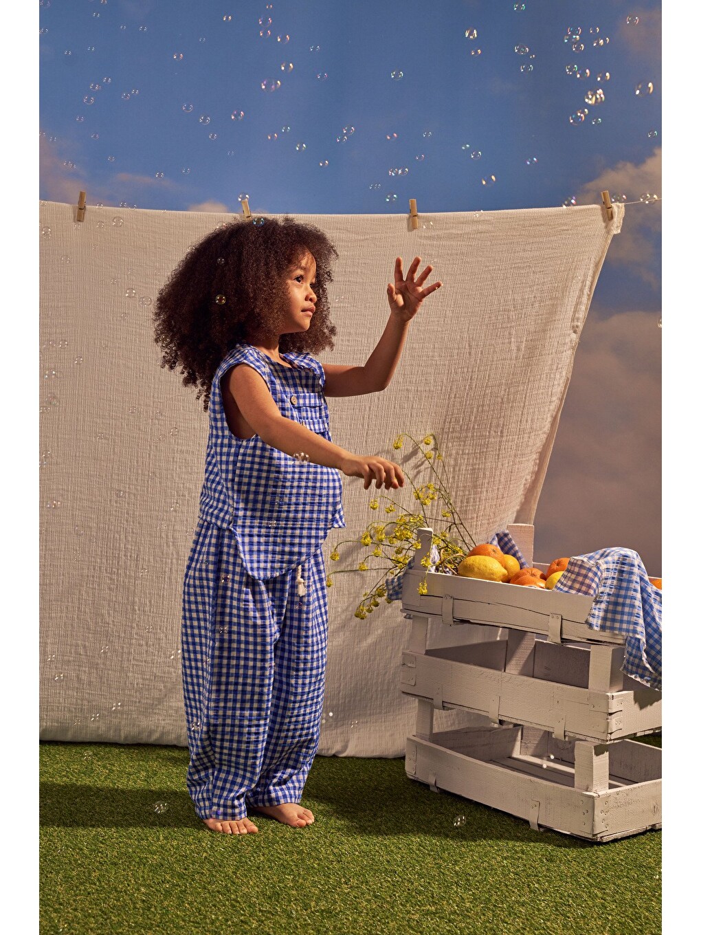 Mavi Daisy Picnic Serisi Asimetrik Yelekli Takım-1