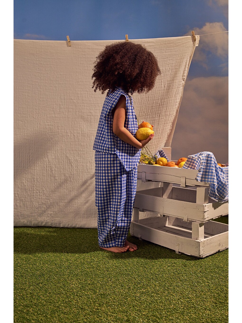 Mavi Daisy Picnic Serisi Asimetrik Yelekli Takım-5