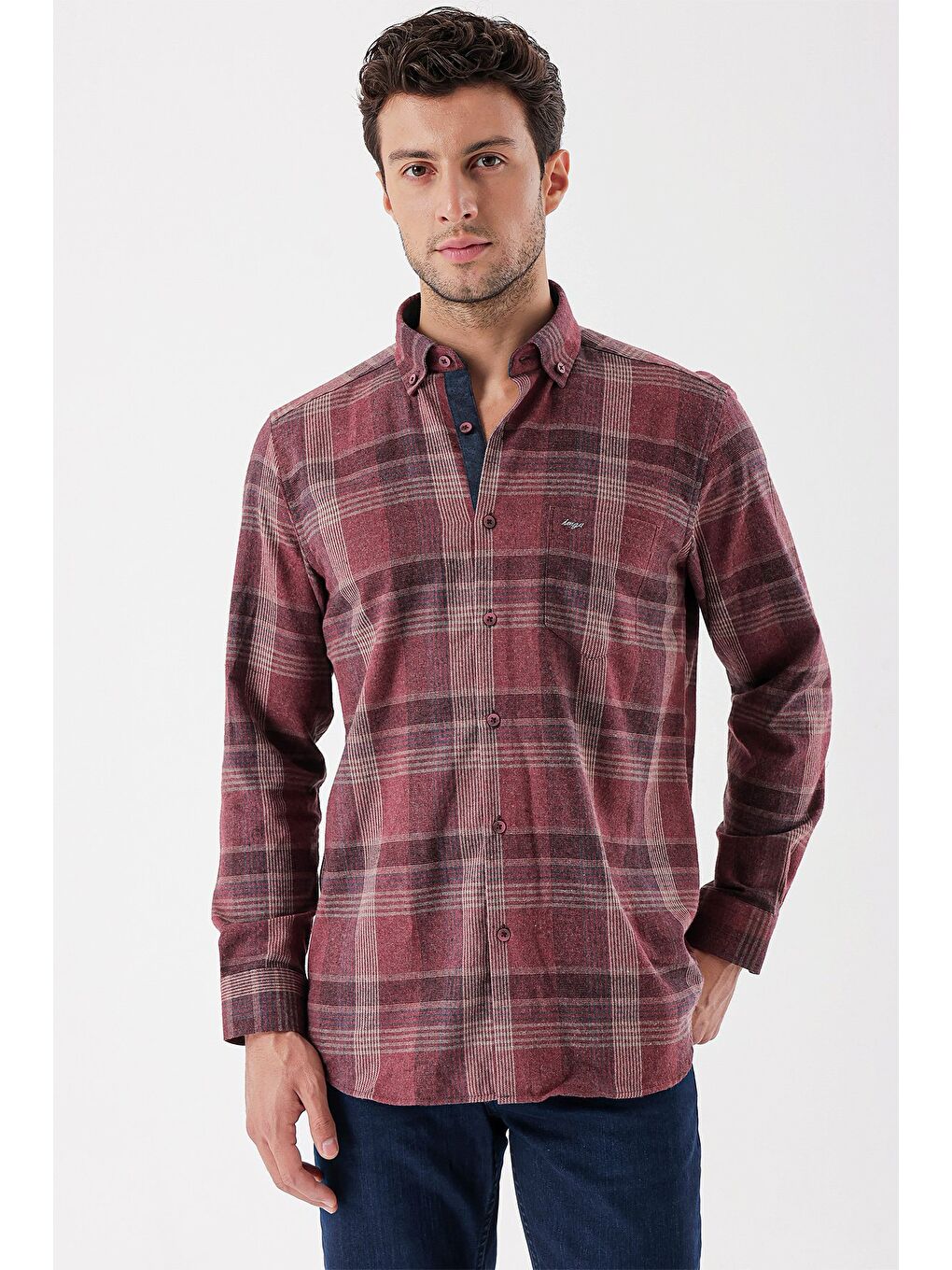 Bordo Uzun Kollu Ekoseli Gabardin Sert Yaka Cepli Garnili Casual Comfort Fit Gömlek 1004235110