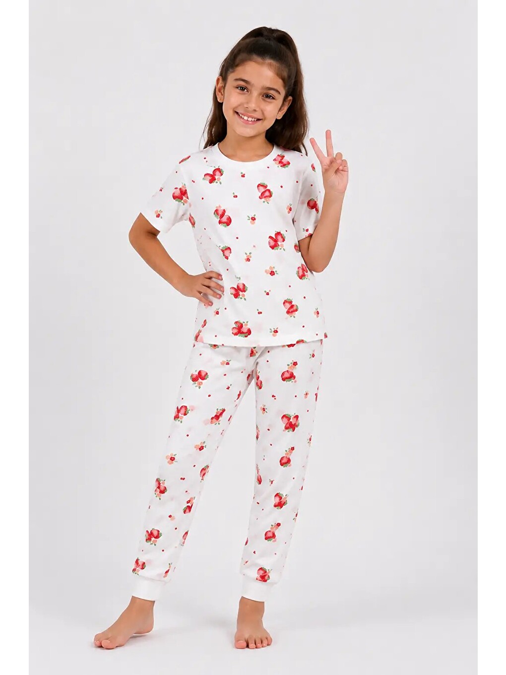 Kırmızı Desenli Kız Çocuk Pijama Takımı 91201-1