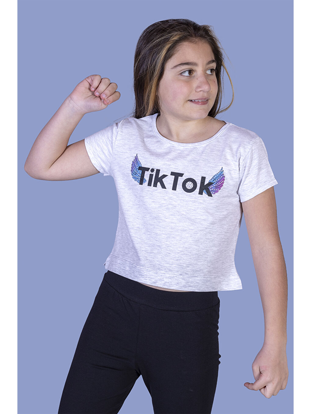 Gri Kız Çocuk Ön Arka Baskılı Tişört-2