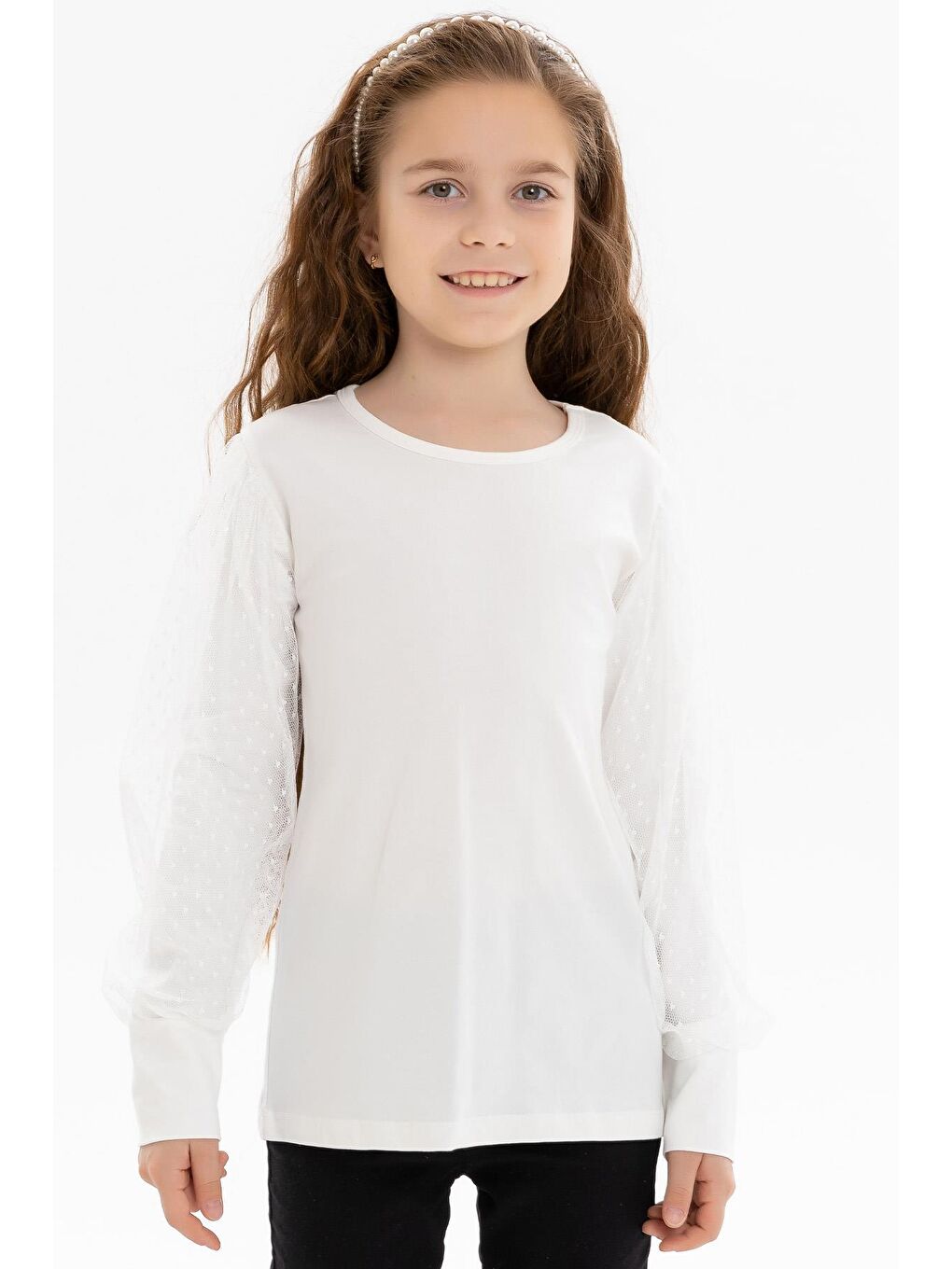 Kız Çocuk Bluz Kolları Tül Detaylı Ekru (8-12 Yaş)-3