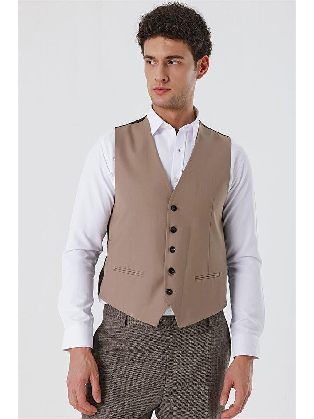 Koyu Bej V Yaka Klasik Yelek 1009230263-1