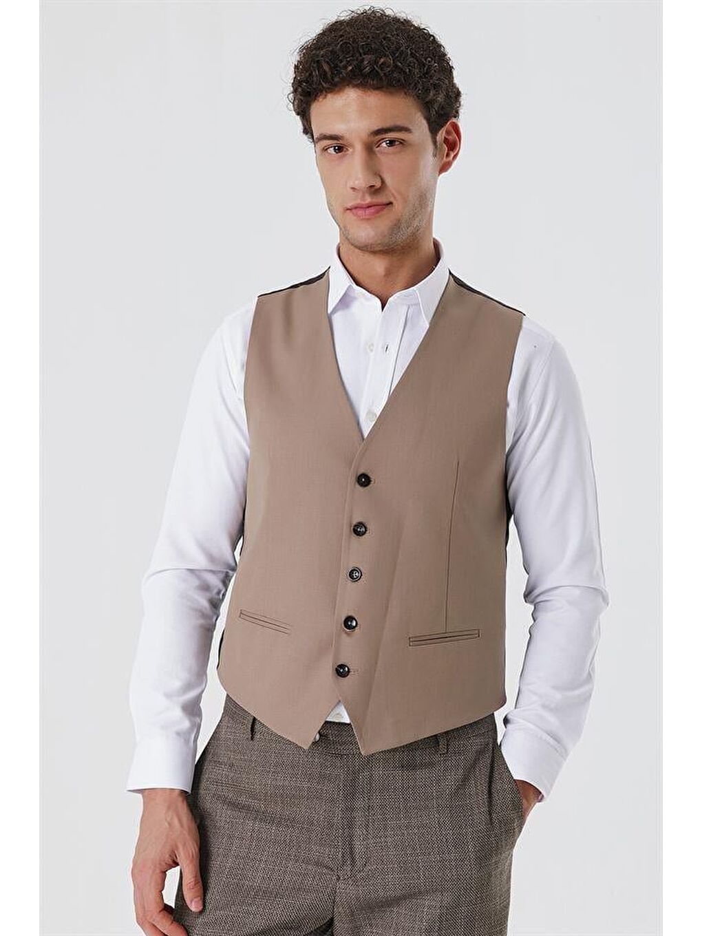 Koyu Bej V Yaka Klasik Yelek 1009230263-2