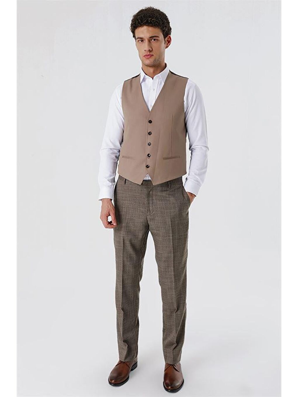 Koyu Bej V Yaka Klasik Yelek 1009230263-3