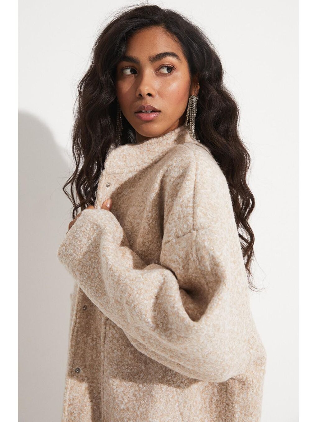 Bej Exclusive Yün Karışımlı Pelüş Bomber Ceket-1