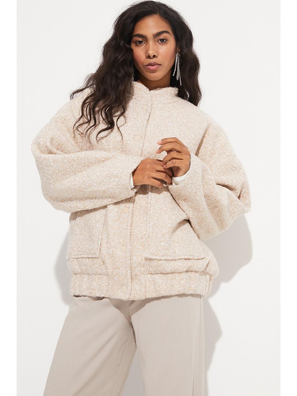 Bej Exclusive Yün Karışımlı Pelüş Bomber Ceket-2