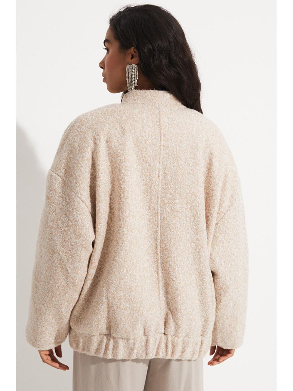 Bej Exclusive Yün Karışımlı Pelüş Bomber Ceket-3